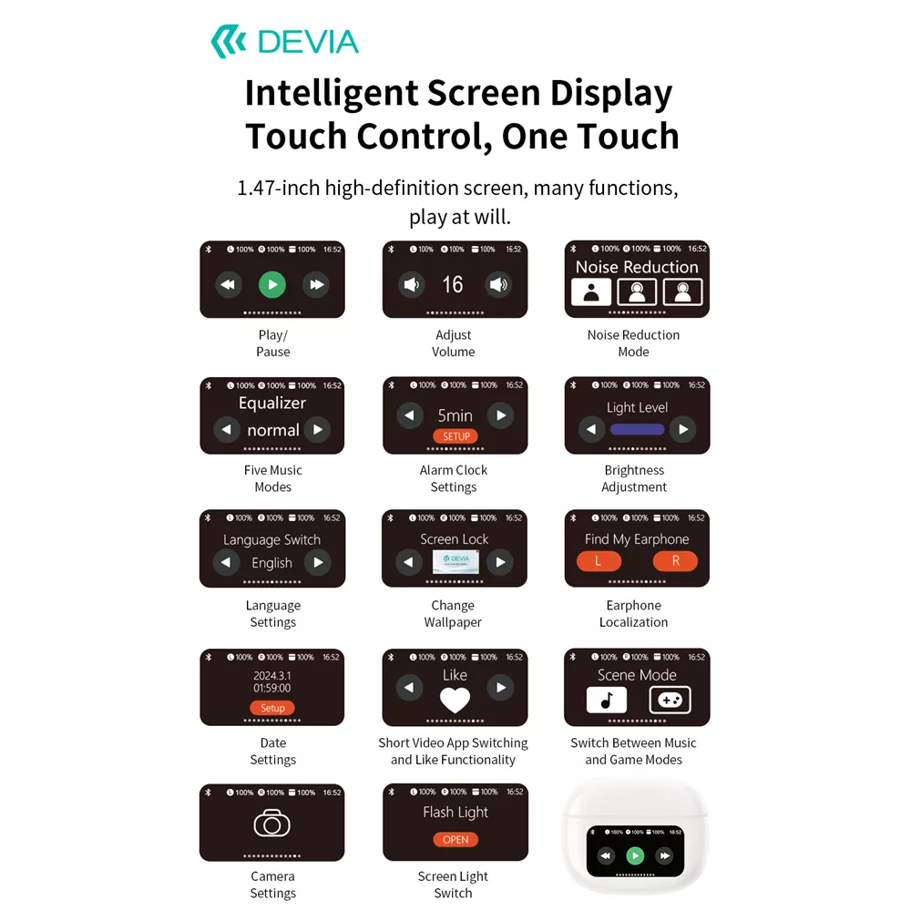 Devia - ANC TWS Pro3 - True Wireless Earbuds & Charging Case & Screen - White