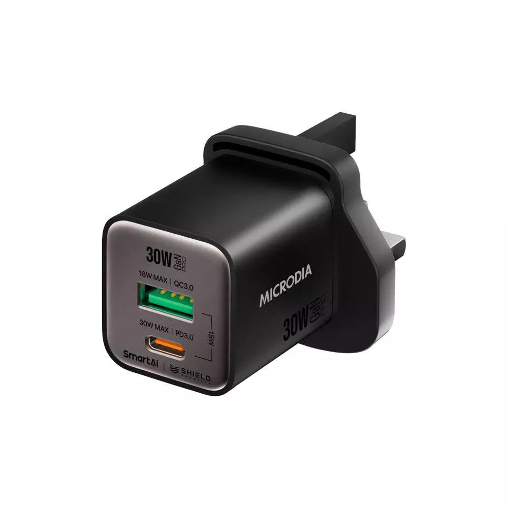 Microdia - SmartCube Nano - 30W USB-C & USB SmartAI PD Wall GaNPro Charger Plug - Charcoal