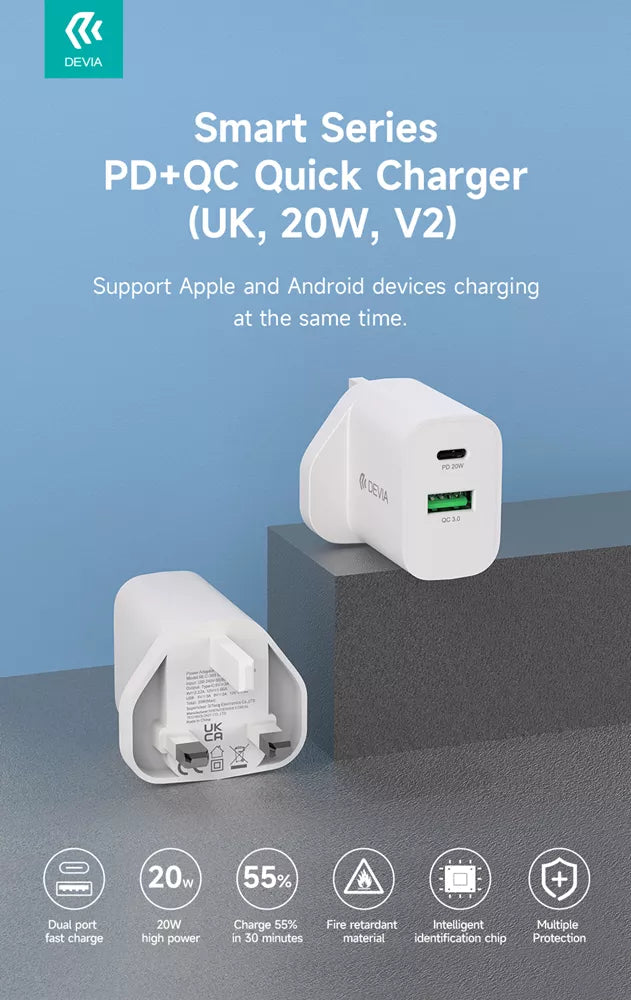 Devia - 20W Dual USB-C Power Delivery & USB Qualcomm 3-Pin UK Charging Plug - White