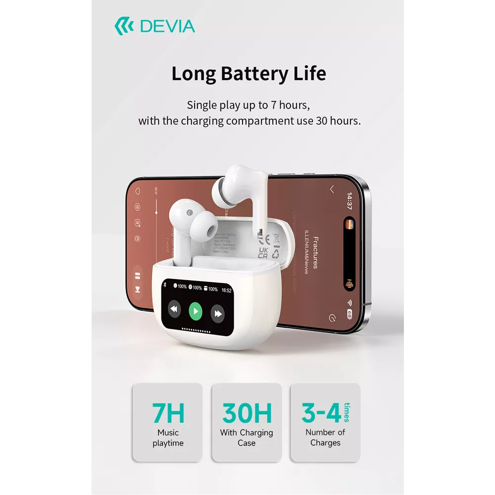 Devia - ANC TWS Pro3 - True Wireless Earbuds & Charging Case & Screen - White