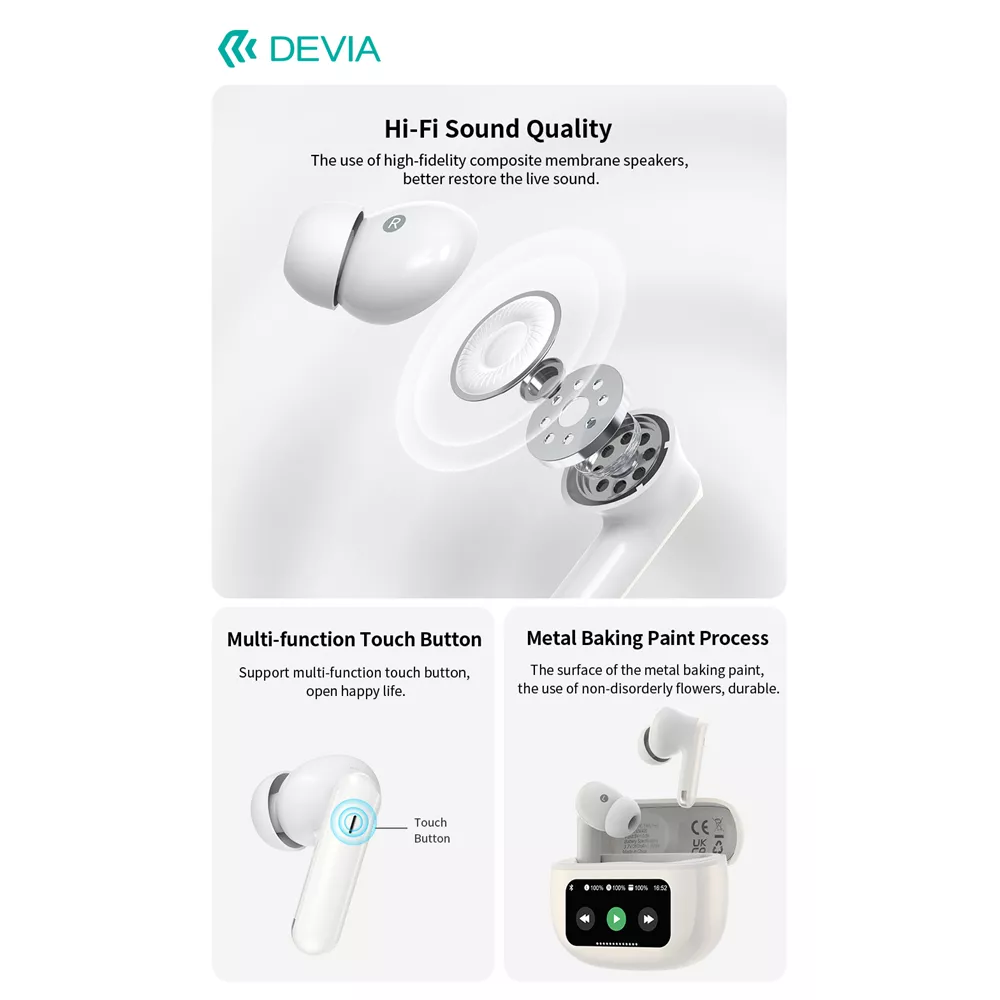 Devia - ANC TWS Pro3 - True Wireless Earbuds & Charging Case & Screen - White