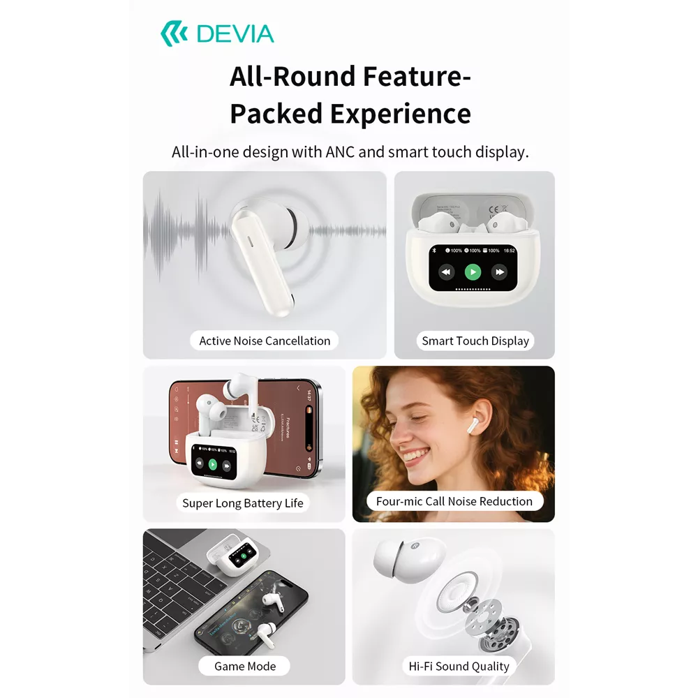 Devia - ANC TWS Pro3 - True Wireless Earbuds & Charging Case & Screen - White